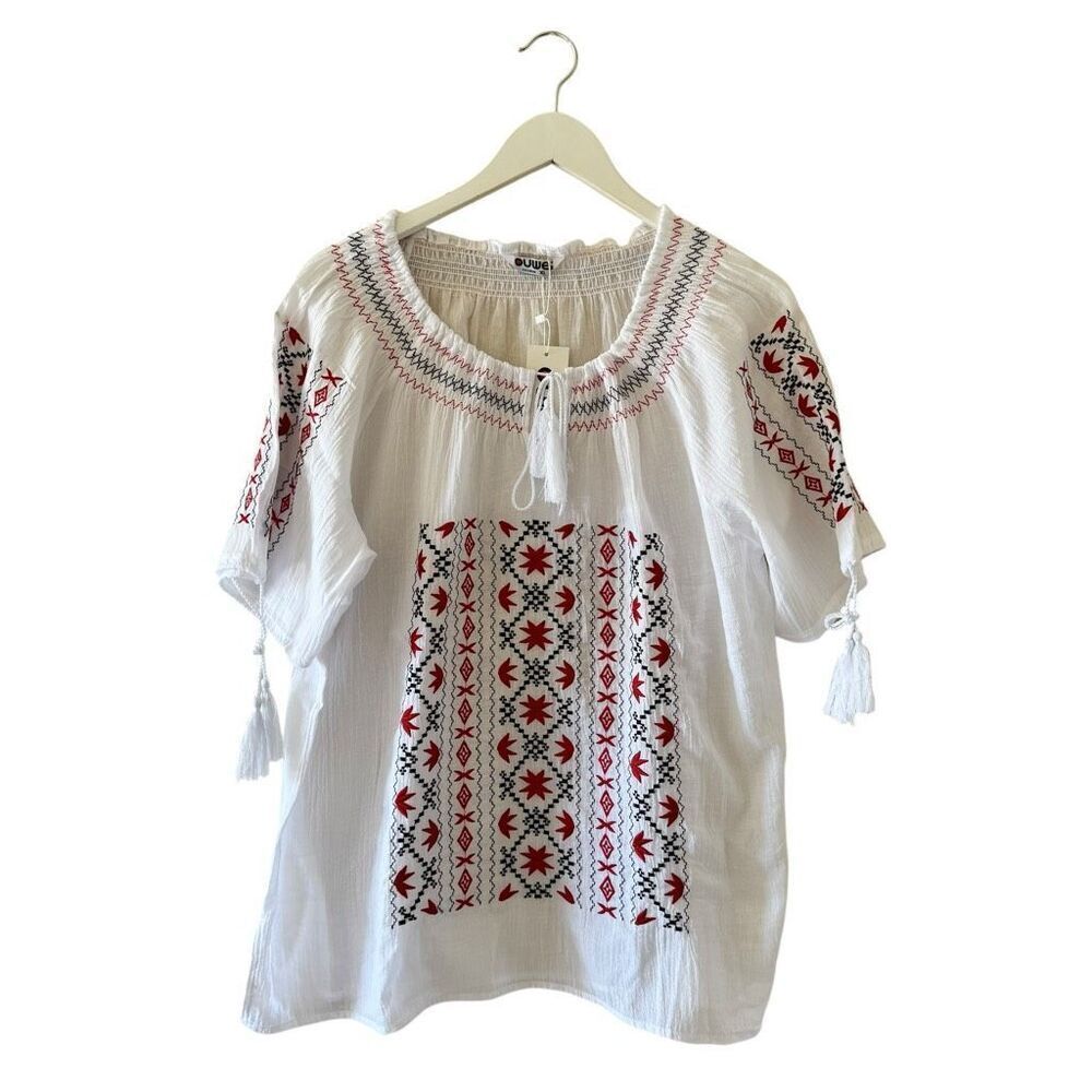Ouwei White Red Black Embroidered Ethnic Festival Blouse SZ XL #2488 - Picture 1 of 13